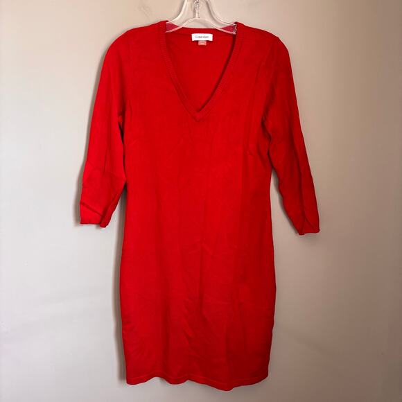 Calvin Klein Knit Red V Neck Basic Dress - Picture 1 of 5